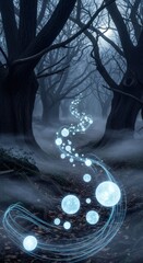 Glowing orb weaving through a dark, foggy forest path, showing a mystical energy trail in ancient woods. Quantum entanglement spiritual journey.