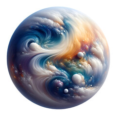 A high-quality artwork image of a fantasy planet, digitally designed to combine vivid colors with the fluid texture of cosmic clouds. The scene displays gas swirls and waves of orange, blue, and white