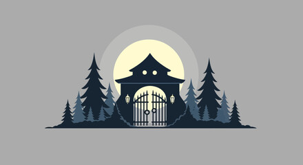 Enchanted forest gate with moonlit night and towering pines, invoking mystery and magic, perfect for fantasy designs and Halloween themes.