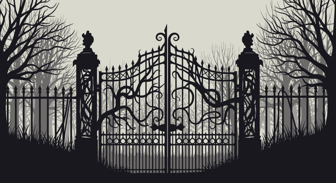 Mysterious wrought iron gate to a haunted estate with creepy trees, perfect for Halloween or spooky design elements, originally created as scalable vector art
