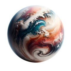 A high-quality artwork image of a fantasy planet, digitally designed to combine vivid colors with the fluid texture of cosmic clouds. The scene displays gas swirls and waves of orange, blue, and white