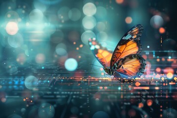 Stunning butterfly resting on a vibrant futuristic technology surface