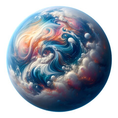 A high-quality artwork image of a fantasy planet, digitally designed to combine vivid colors with the fluid texture of cosmic clouds. The scene displays gas swirls and waves of orange, blue, and white
