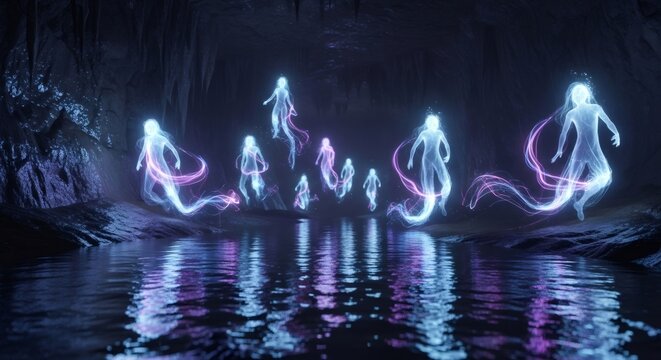 Group of floating ghostly human forms with glowing energy trails in dark cave. Ethereal spirit migration or mystical paranormal phenomenon concept.