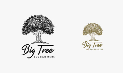 Obraz premium hand drawn Old Big Tree Silhouette Logo Design Vector Image