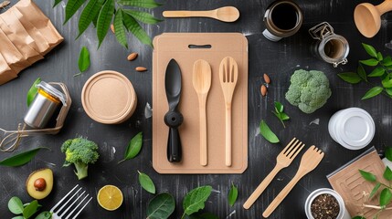 Eco friendly kitchen utensils and fresh ingredients on dark surface