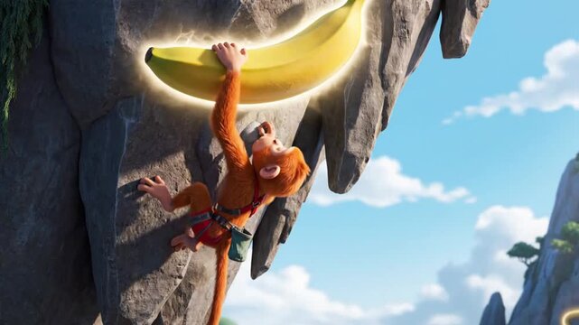 animated monkey climbs cliff for glowing banana