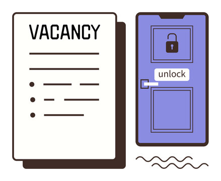 Job listing document with bullet points next to a locked purple door marked unlock. Ideal for recruitment, hiring, opportunity, career growth, access, goal setting, simple flat metaphor