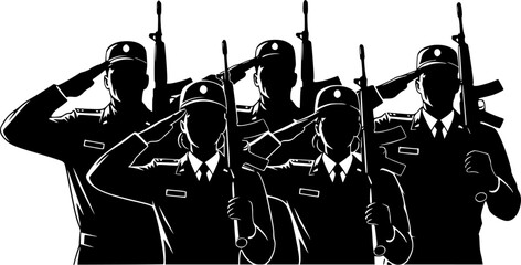 Military Silhouette Soldiers Saluting with Rifles and Uniforms, Male and Female Army Personnel, Vector Illustration of Armed Forces Standing in Respect.