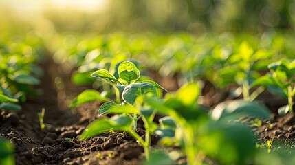Fresh young plants growing in rich soil bathed in beautiful sunlight