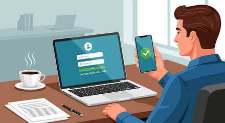 Corporate business vector illustration of employee using two-step verification system. Office workspace with laptop login screen and smartphone showing