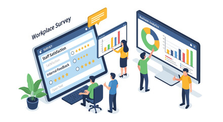  illustration of workplace survey, staff satisfaction, and internal feedback process with digital form and business analytics