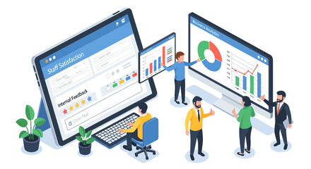  illustration of workplace survey, staff satisfaction, and internal feedback process with digital form and business analytics