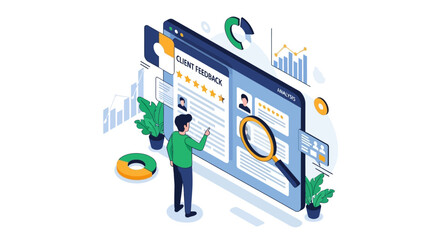 Flat isometric vector showing client feedback analysis, digital survey, and performance evaluation concept