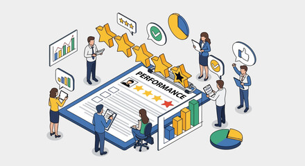 Isometric vector illustration of employee feedback and performance evaluation system with rating stars, clipboard, and office characters