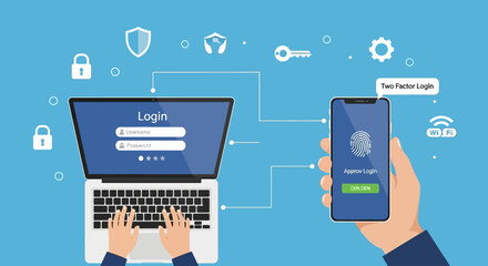 Vector illustration of authentication process. User logging in on a laptop and confirming access on a smartphone.