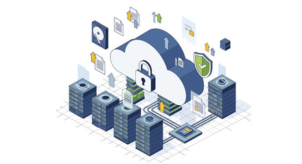 Vector illustration of secure cloud storage, digital data backup, and online server connection. Flat isometric design with modern technology