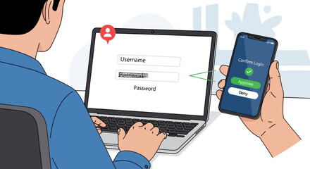 Vector illustration of authentication process. User logging in on a laptop and confirming access on a smartphone.