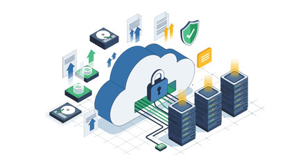 Vector illustration of secure cloud storage, digital data backup, and online server connection. Flat isometric design with modern technology