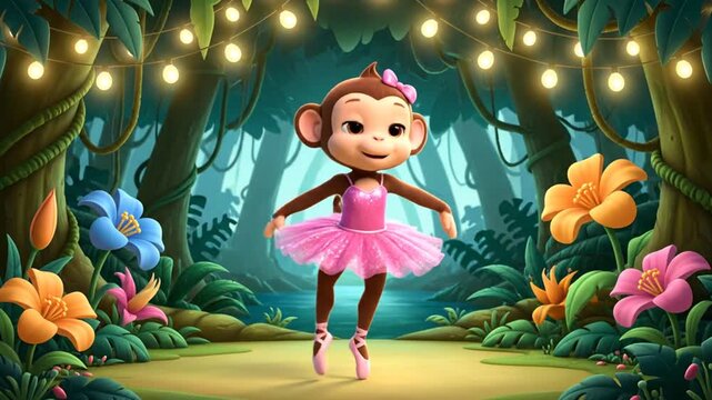 adorable monkey cartoon ballerina dancing jungle lights
