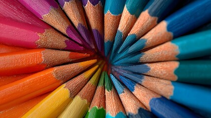 Fototapeta premium Sharpened colored drawing implements arranged in a circular radial pattern