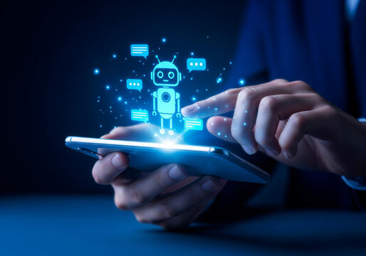 Businessman Interacting with Glowing Chatbot AI Hologram on a Smartphone - Powered by Adobe