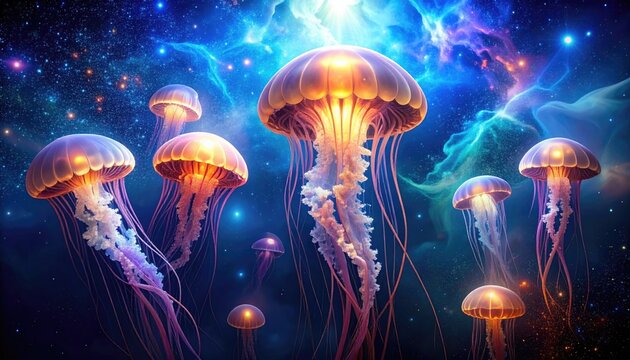 Futuristic Jellyfish in Vibrant Neon X Patterned Cityscape