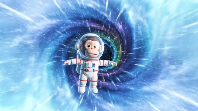 cartoon monkey astronaut entering colorful wormhole in space