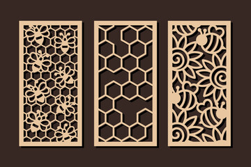 Laser cut decorative vertical panels with bee and honeycomb pattern. Vector design for home interior decor, privacy screen, wall art, room dividers. Template for cnc, plasma and plotter cutting