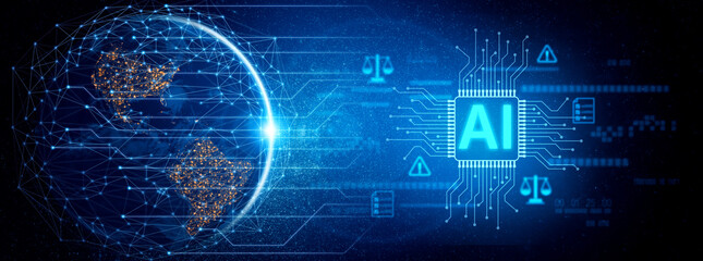 AI circuit microchip with glowing blue lines, surrounded by legal scales, warning symbols, data...
