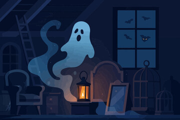 Flat vector of haunted attic with dusty furniture, ghostly mist, and flickering lantern