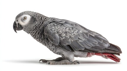 Fototapeta premium Single intelligent parrot with gray plumage and red tail feathers stands isolated on white background