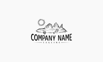 Hand-Drawn Desert Landscape with Sun and Cactus Logo