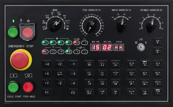 Control panel of a modern CNC automatic metalworking machine with software control, industrial concept background
