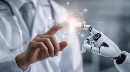 Interconnection Between Human and Robotic Hand in a Futuristic Medical Setting Showcasing Advanced Technology in Healthcare