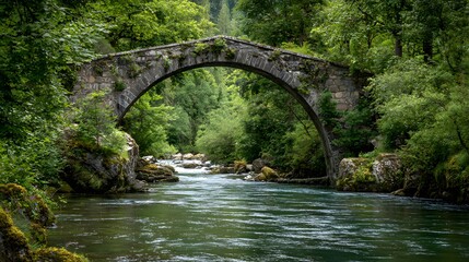 Ancient stone arch bridge spans rushing water surrounded by dense, verdant forest foliage