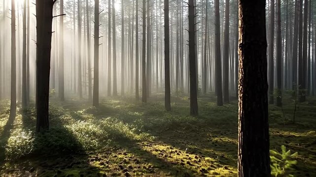 Sunlit forest scene showing tall trees in rows, light and shadow play. Moss and pine cones visible