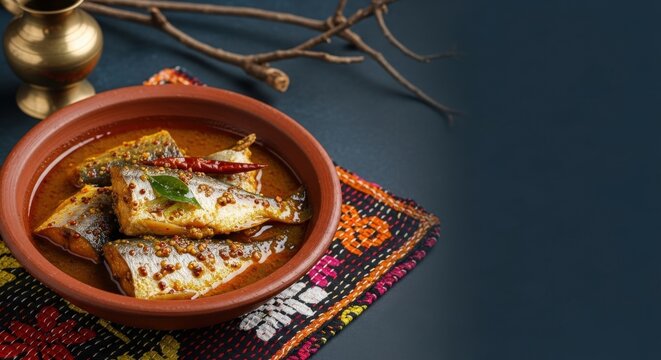 Ultra-Realistic Bangladeshi Shorshe Ilish in Terracotta Dish &ndash; Hilsa Fish in Mustard Sauce on Nakshi Kantha with Sundarbans Backdrop