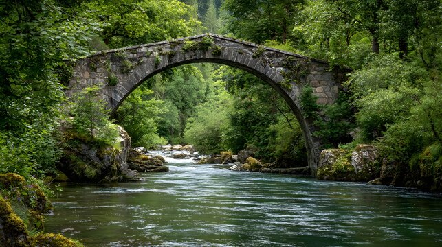 Ancient stone arch bridge spans rushing water surrounded by dense, verdant forest foliage
