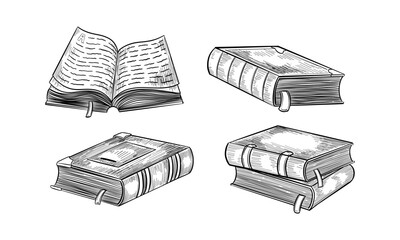 Set of isolated vintage books. Open and closed hardcover literature. Old hand drawn poetry on paper. Retro sketch of dictionary, textbook or scrapbook. Education and learning tome.