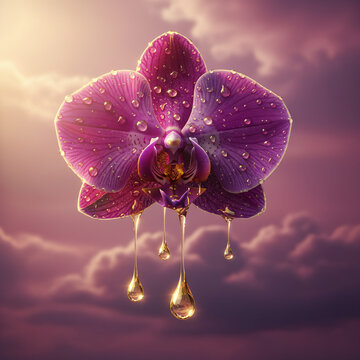 Orqu&iacute;dea magenta com gotas douradas brilhantes em fundo de c&eacute;u dram&aacute;tico roxo. Fotografia art&iacute;stica e minimalista de flor ex&oacute;tica