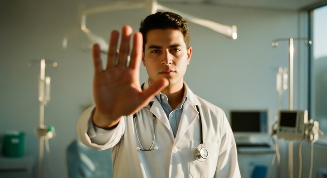 A serious young ethnic male doctor in a white lab coat and stethoscope making a stop gesture with his hand in a modern hospital room