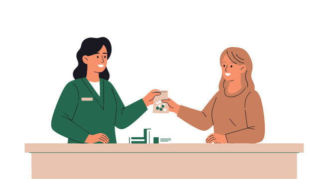 Pharmacist providing essential medication and professional advice to a customer, emphasizing accessible Healthcare services