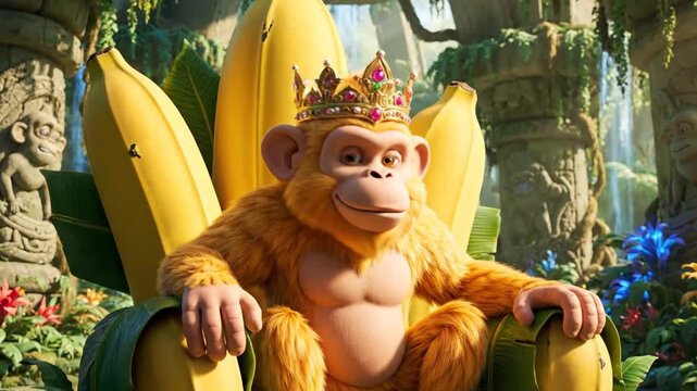cartoon monkey king sits on banana throne in jungle