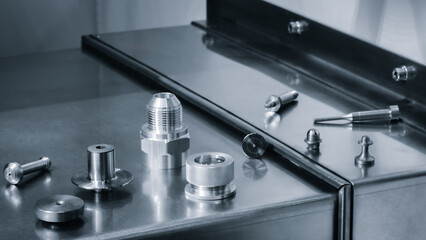 Modern programmable metalworking CNC multifunctional milling drilling grinding tool automatic machine, industrial concept background