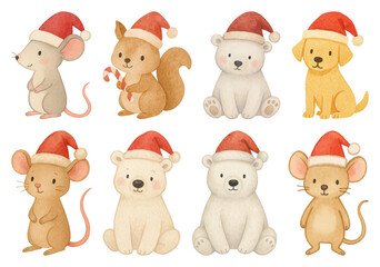 Obraz premium PNG Cute animals wearing Santa hats, element set on transparent background
