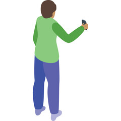 Adult Person In Green Long Sleeved Shirt And Blue Pants Holding A Device In Hand Isolated On Transparent Background
