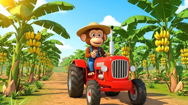 happy cartoon monkey farmer driving tractor banana field