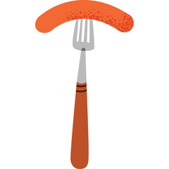 An Orange Sausage Held By A Fork With A Transparent Background And A Wooden Handle Decorated With Black Stripes