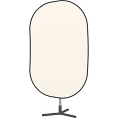 An oval shaped cream colored backdrop with a black border stands on a grey tripod stand against a pure 